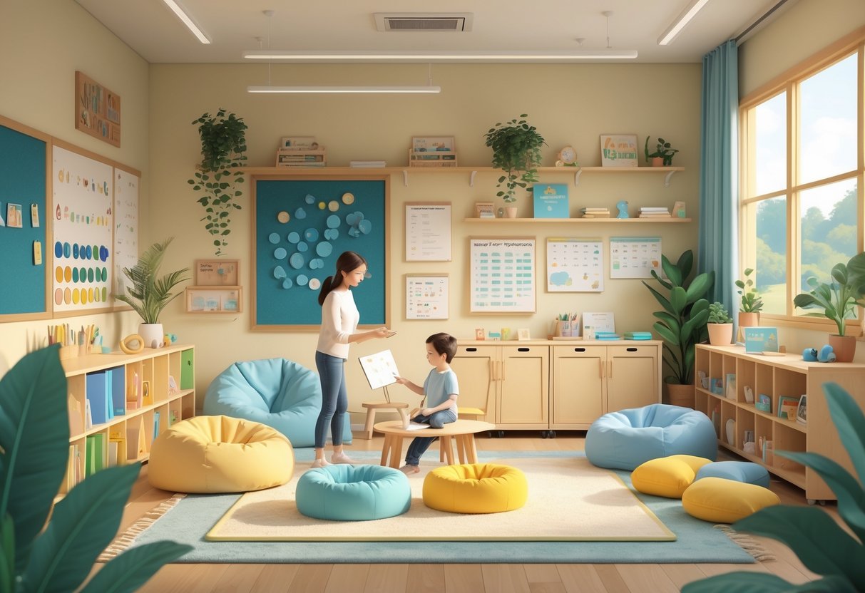 A calm classroom with soft lighting, cozy seating areas, sensory tools, and a teacher gently interacting with a child preparing for school.