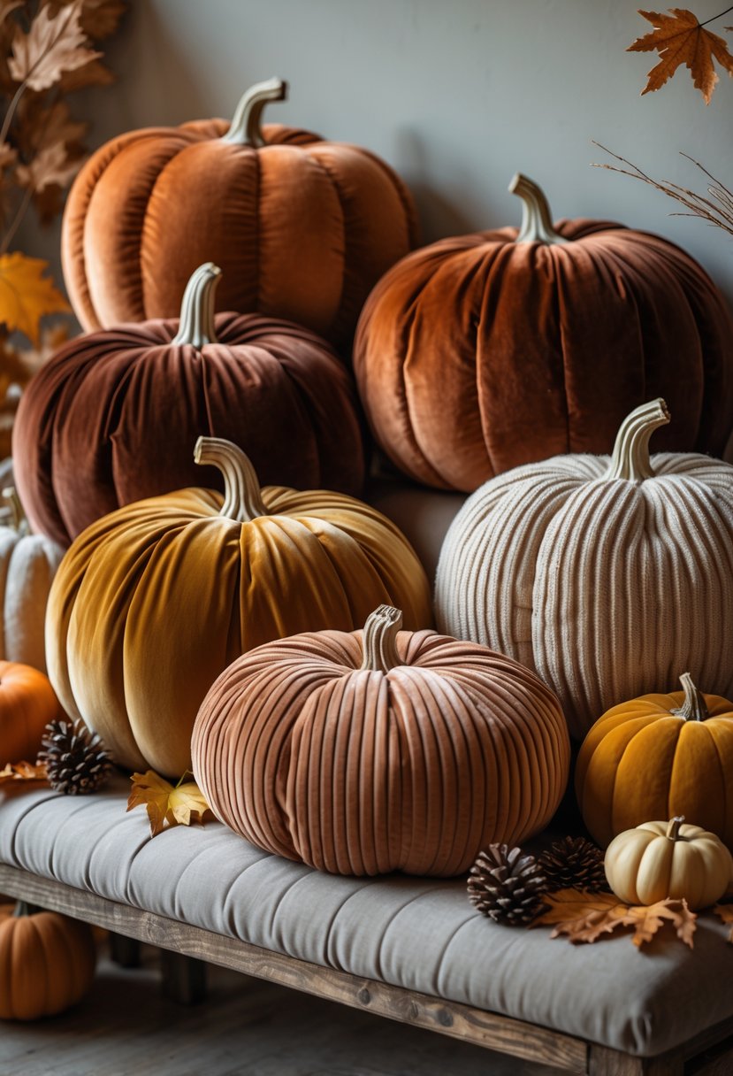 15 Fall Halloween Decor Ideas 2025 to Elevate Your Seasonal Style 12 A collection of pumpkin-shaped pillows in warm fall colors arranged on a wooden bench with autumn leaves and small gourds around them.