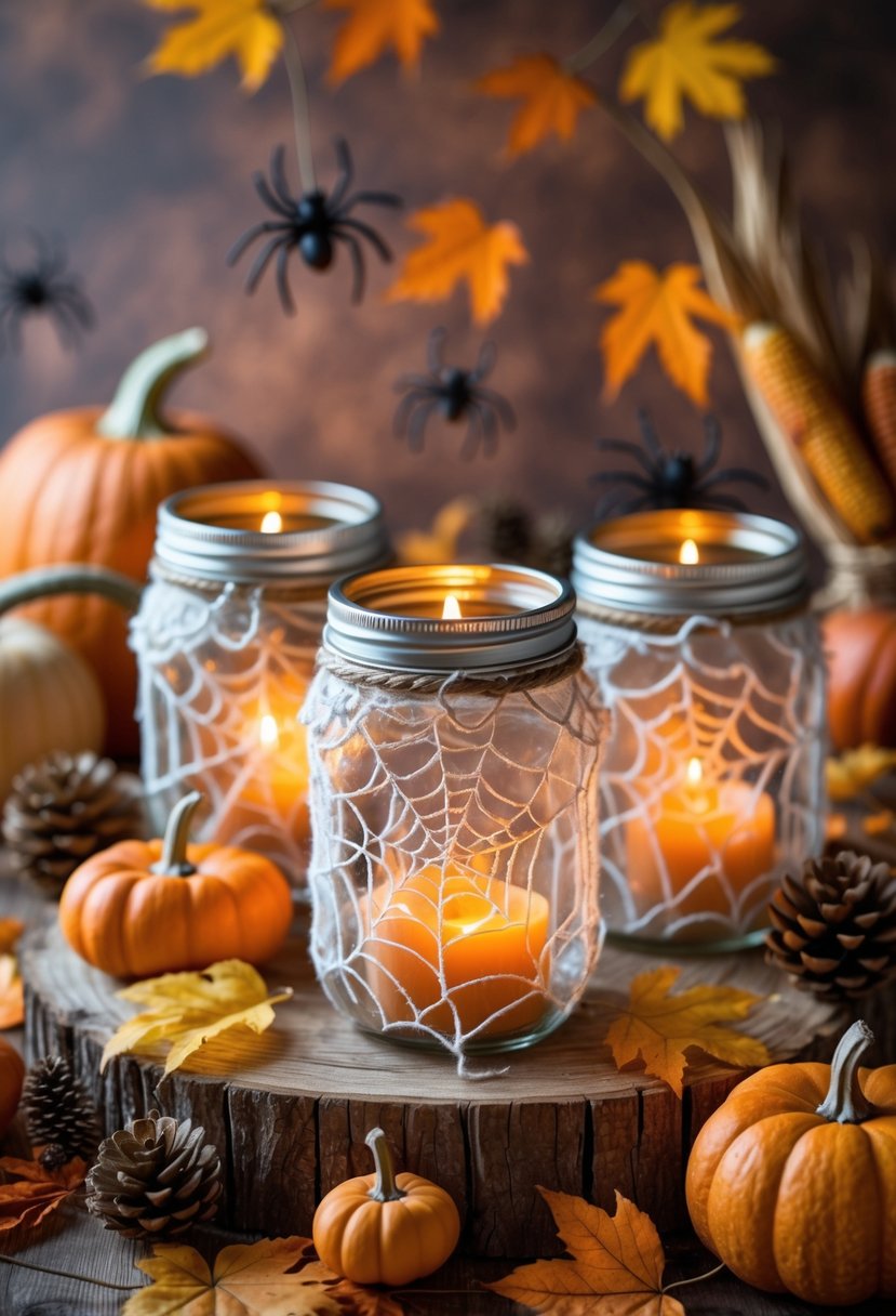 15 Fall Halloween Decor Ideas 2025 to Elevate Your Seasonal Style 13 Mason jar lanterns with glowing candles and faux spider webs surrounded by autumn leaves, pumpkins, and pinecones on a wooden surface.
