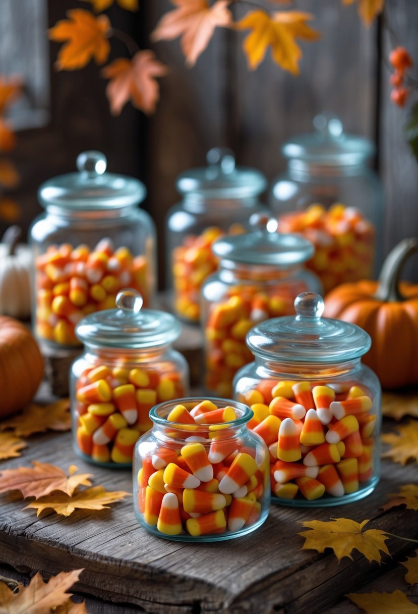 15 Fall Halloween Decor Ideas 2025 to Elevate Your Seasonal Style 15 Vintage apothecary jars filled with candy corn arranged on a wooden surface with pumpkins and autumn leaves.