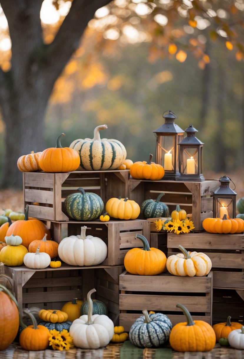 15 Fall Halloween Decor Ideas 2025 to Elevate Your Seasonal Style 16 Stacked wooden crates filled with colorful gourds and glowing lanterns arranged as fall and Halloween decorations.