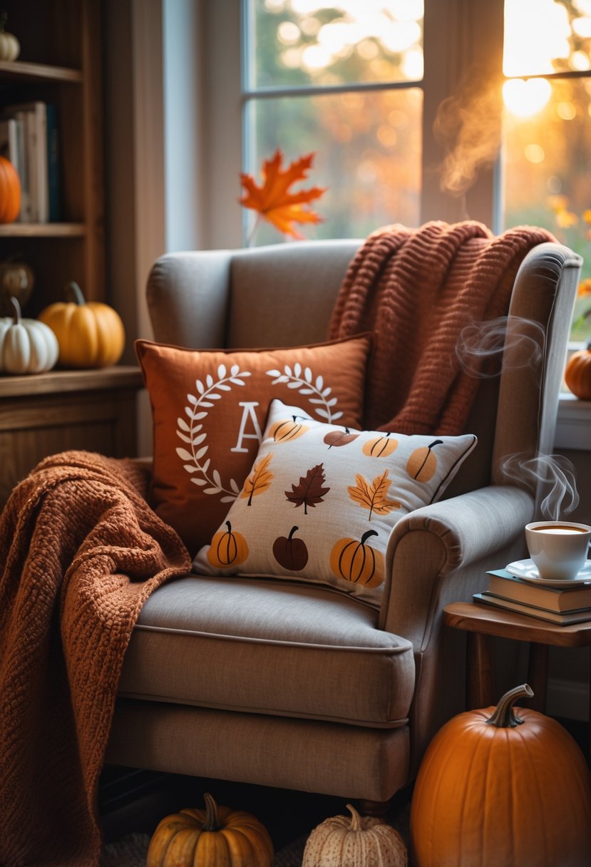 15 Fall Halloween Decor Ideas 2025 to Elevate Your Seasonal Style 17 A cozy reading nook with an armchair decorated with autumn-themed throw pillows, surrounded by fall decorations like pumpkins and a blanket, next to a window with sunlight.