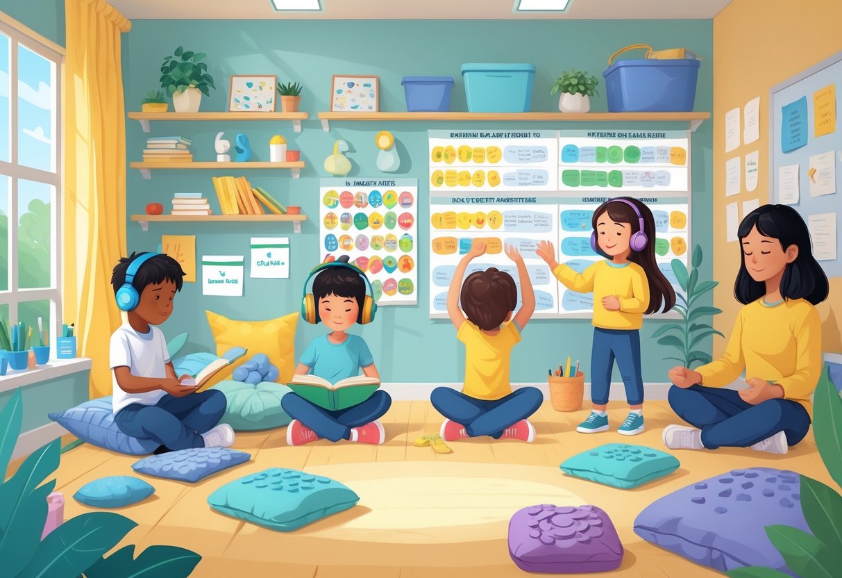 Children in a calm classroom using sensory tools and visual schedules with a teacher providing support.