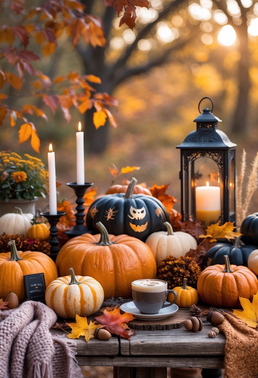 15 Fall Halloween Decor Ideas 2025 to Elevate Your Seasonal Style 18 A table decorated with pumpkins, autumn leaves, candles, and cozy fall items surrounded by fall foliage and warm sunlight.