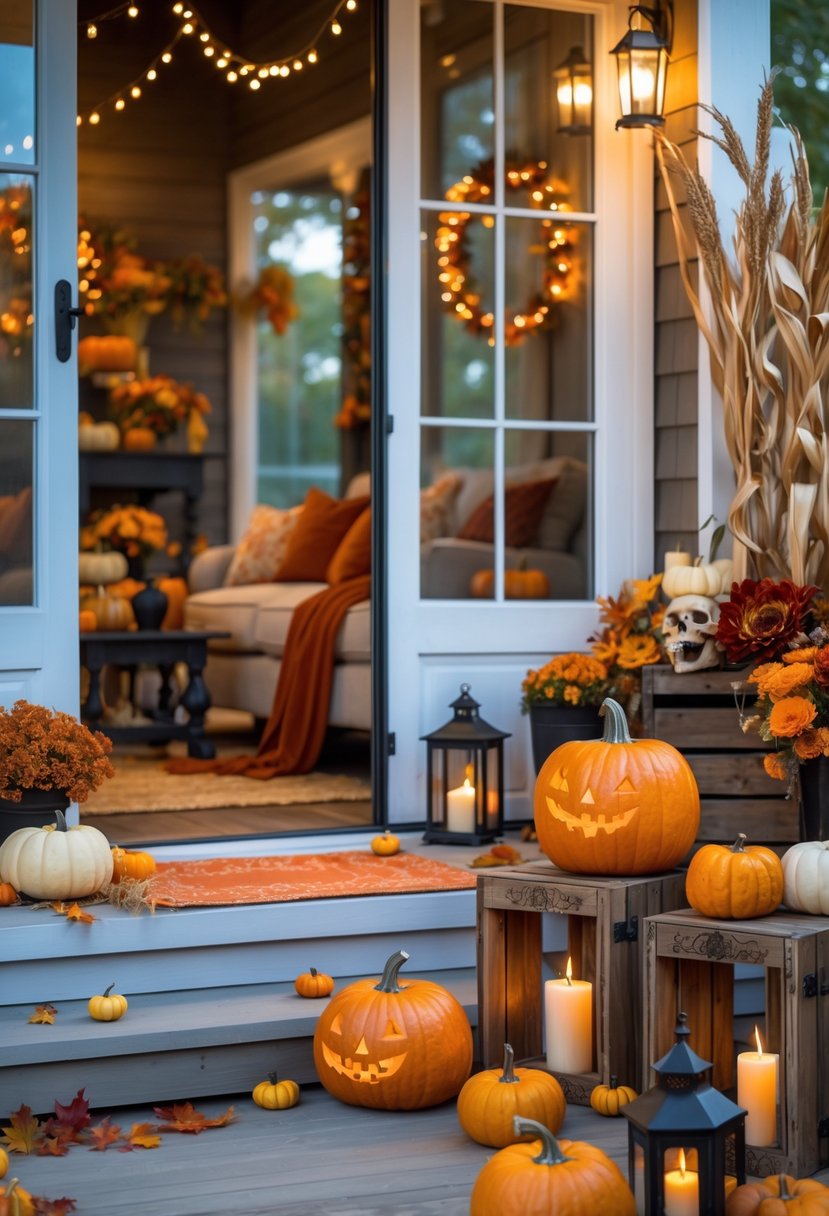 15 Fall Halloween Decor Ideas 2025 to Elevate Your Seasonal Style 19 A cozy living room connected to a porch decorated with pumpkins, autumn flowers, and warm lighting for fall and Halloween.