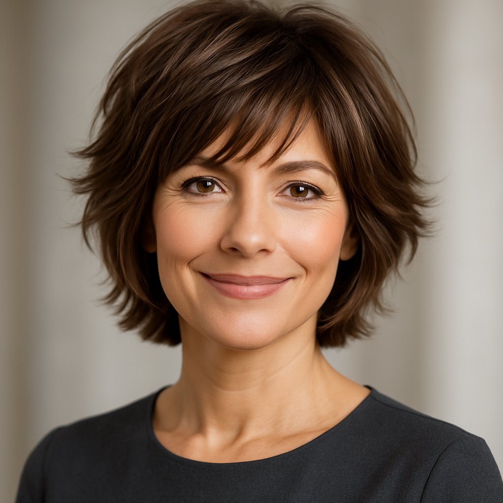 A smiling woman over 45 with a short layered bob haircut looking confidently at the camera.