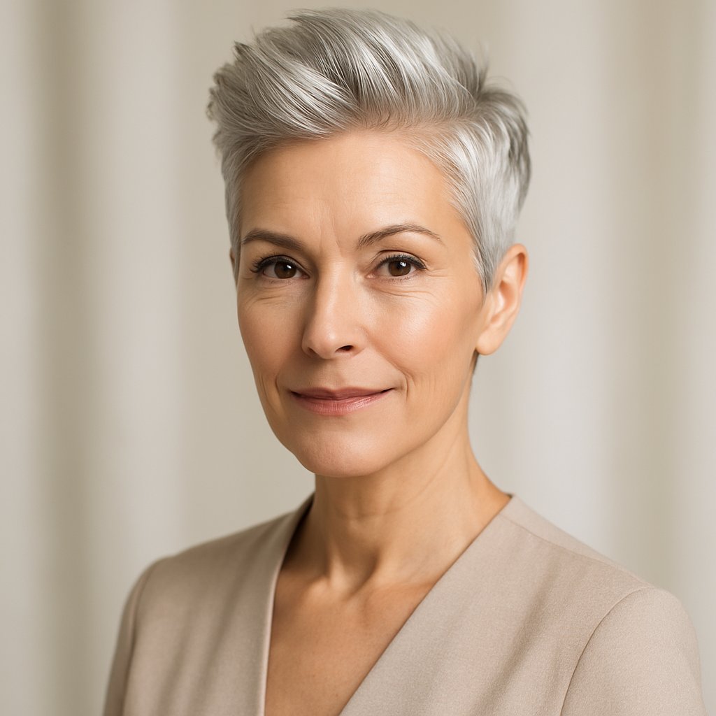 A mature woman with a short silver pixie haircut smiling against a neutral background.