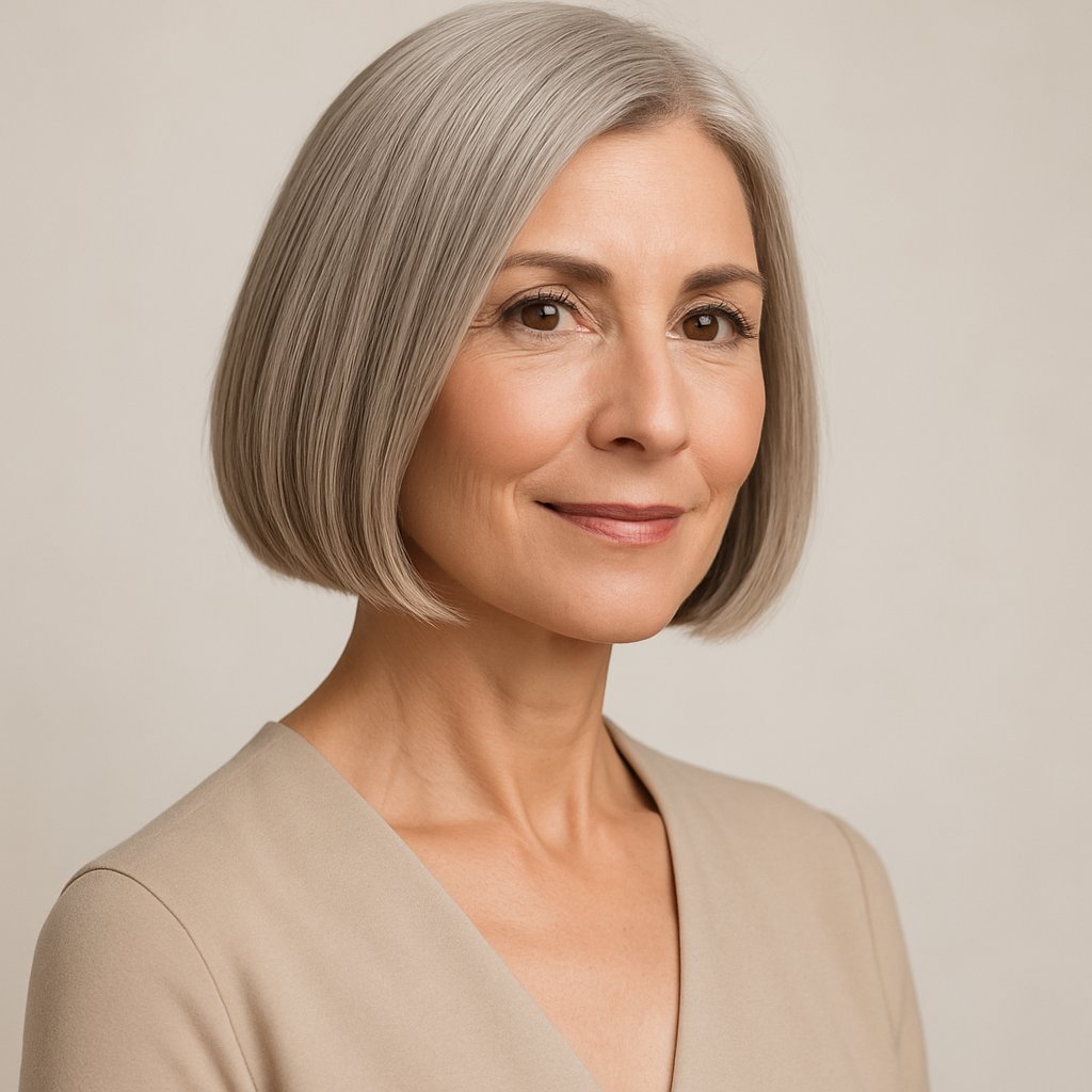 A mature woman with a chin-length blunt haircut smiling gently against a neutral background.