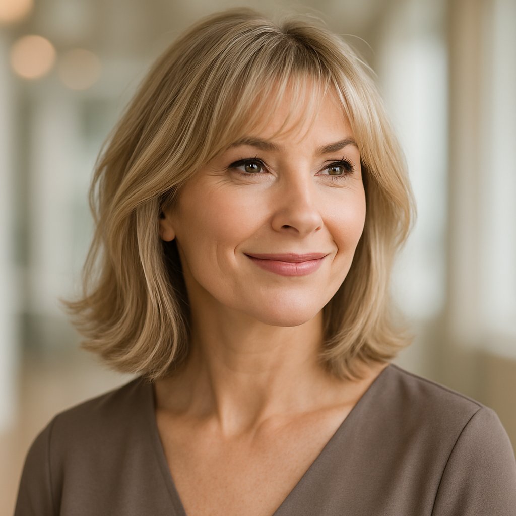 A middle-aged woman with a mid-length bob and curtain bangs smiling in a softly lit indoor setting.