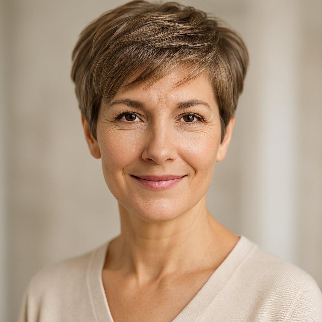 A mature woman with a short layered haircut smiling gently at the camera against a softly blurred background.