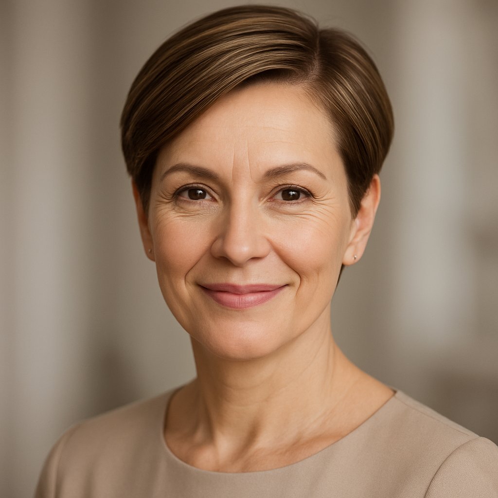 A middle-aged woman with short, side-parted hair smiling gently against a blurred neutral background.
