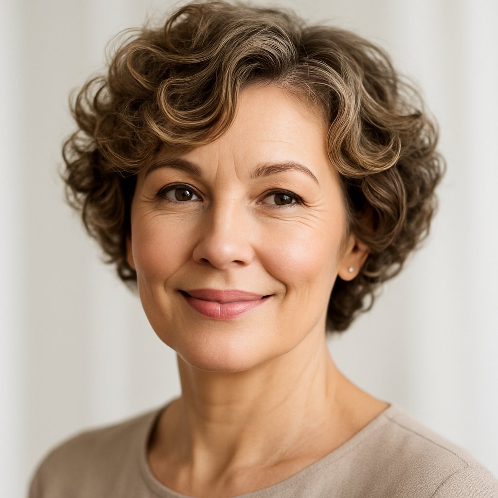 A mature woman with short curly hair smiling gently against a soft blurred background.