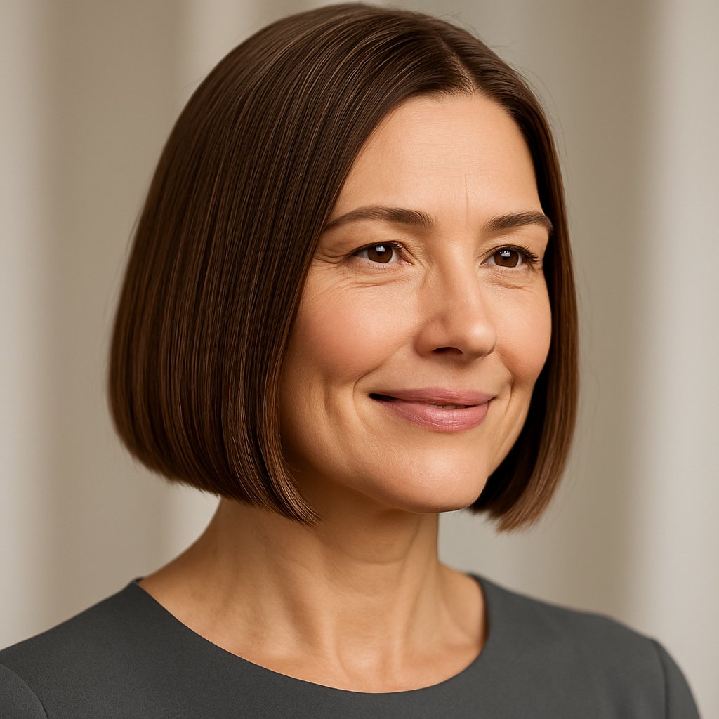A woman over 45 with a blunt bob haircut just below her chin, smiling gently against a neutral blurred background.