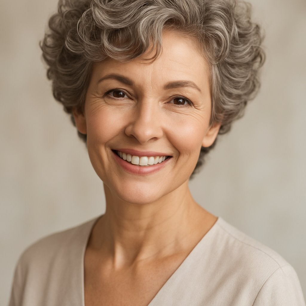 A smiling mature woman with short, curly hair softly framing her face.