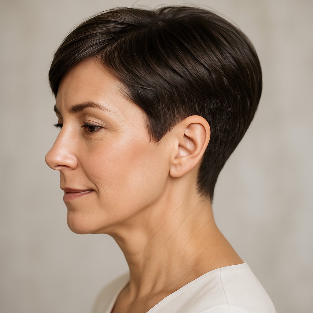 A woman over 45 with a short tapered haircut, looking slightly to the side and smiling gently.
