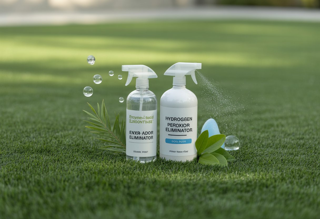 Two clear spray bottles on vibrant artificial turf with subtle bubbles and green leaves around them.