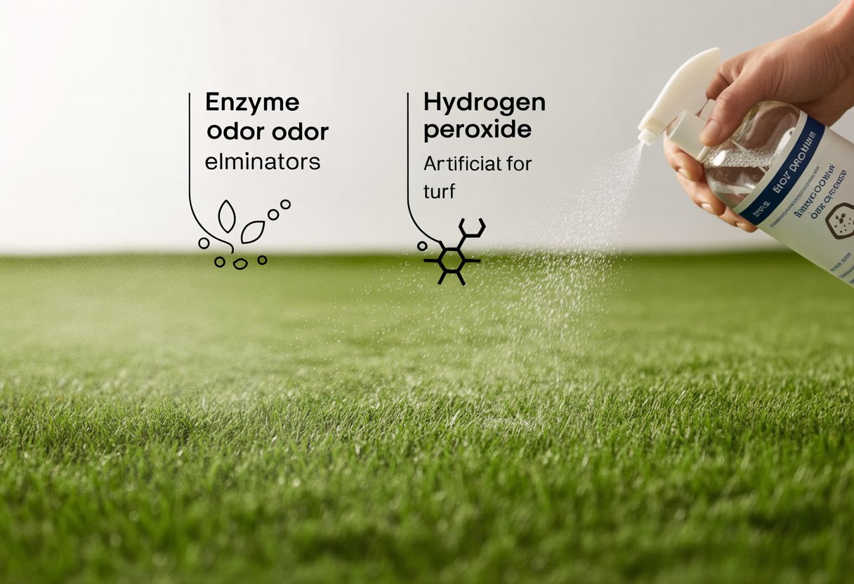 Close-up of artificial turf with two bottles spraying mist, representing different odor eliminators being applied to the grass.