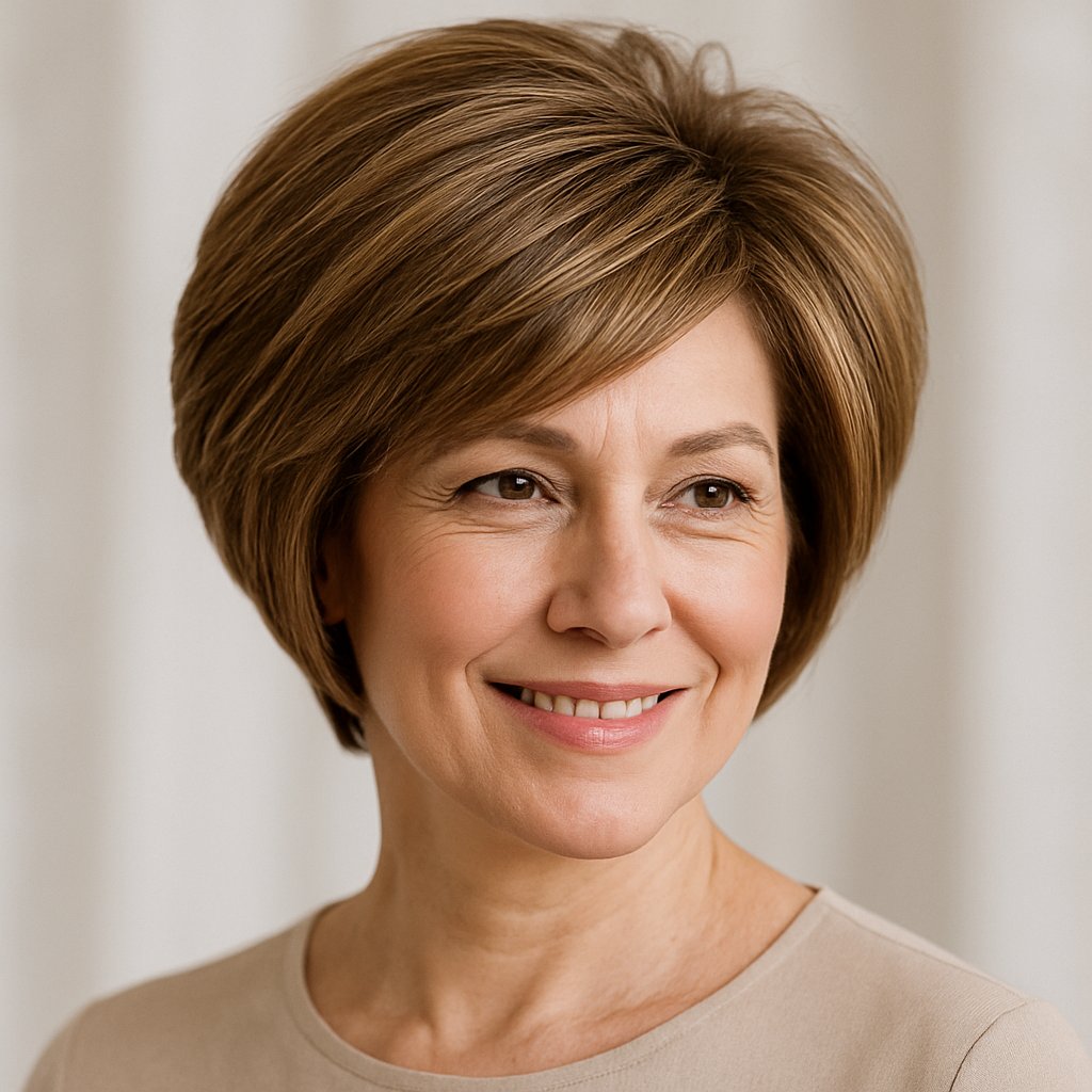 A middle-aged woman with a short layered bob hairstyle smiling gently against a neutral background.