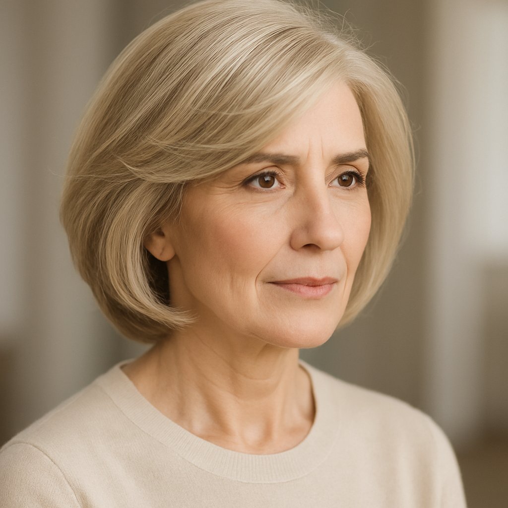A mature woman with a soft feathered layered bob haircut smiling gently against a blurred neutral background.