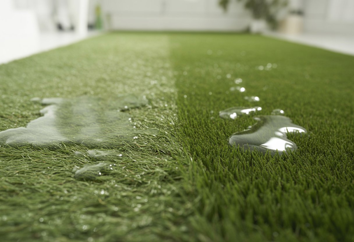 Close-up view of two clean sections of artificial turf side by side, showing a comparison of odor and stain removal treatments.