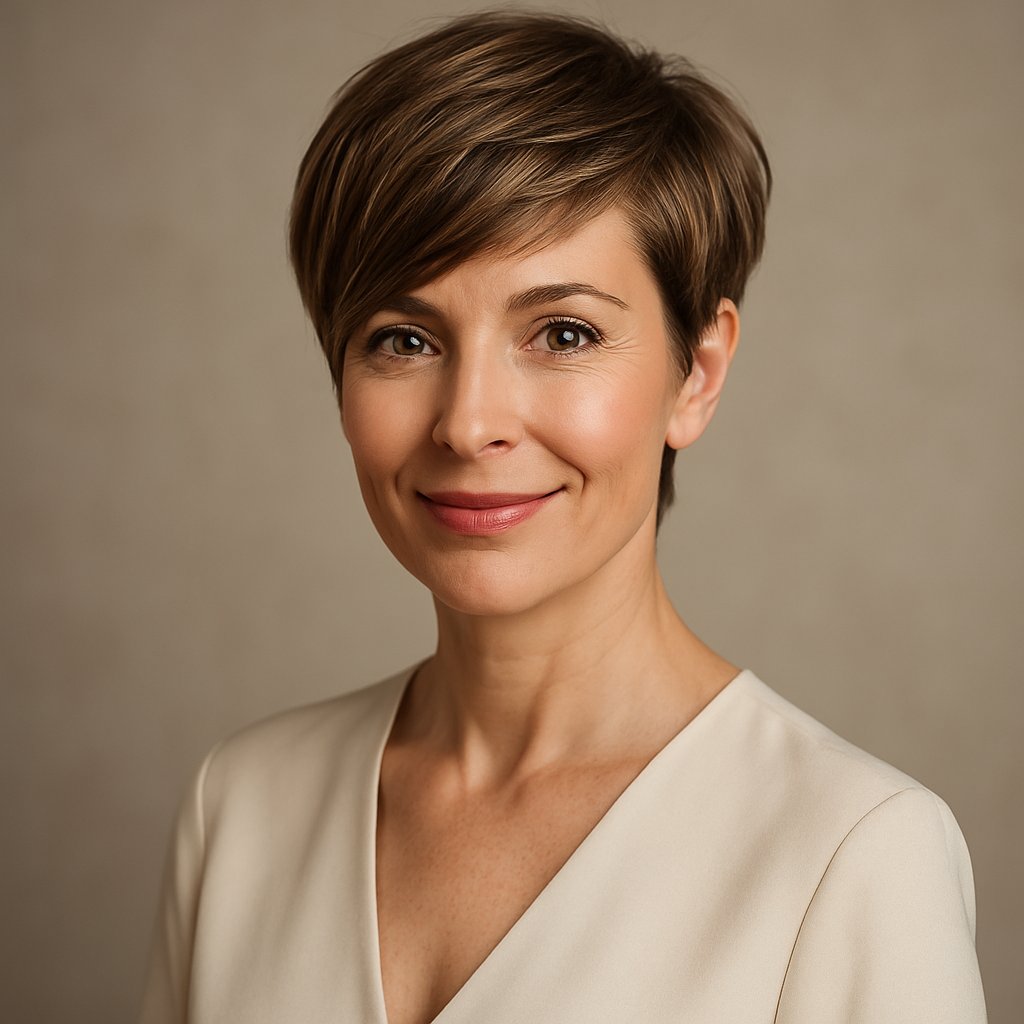 A woman over 45 with a short asymmetric pixie haircut smiling gently against a neutral background.