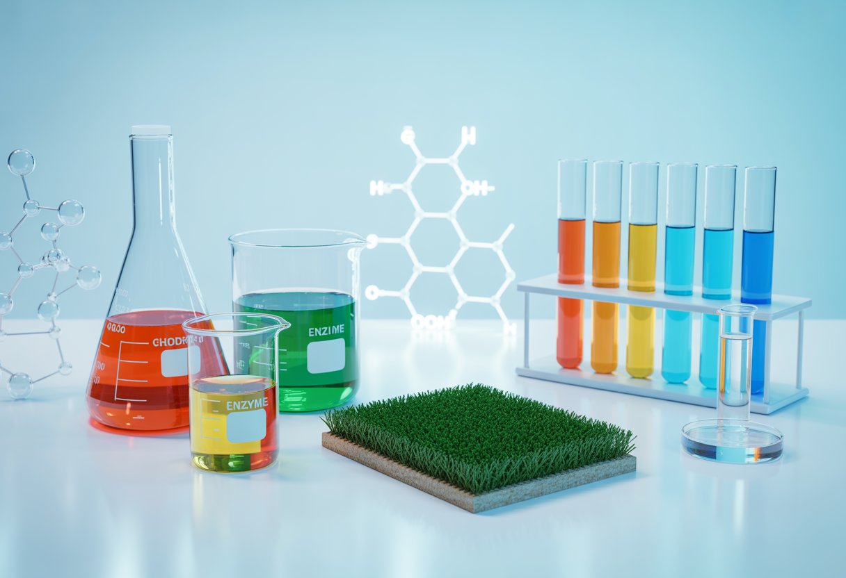 Laboratory scene with glassware containing liquids and a sample of artificial turf on a white surface, illustrating enzyme-based cleaners and odor eliminators.