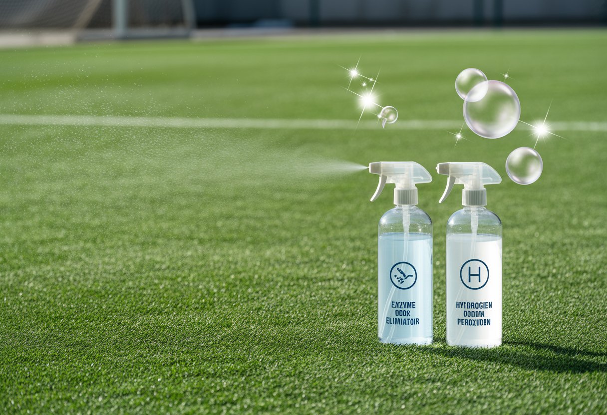 Two spray bottles on clean artificial turf with sparkling effects and fresh mist, symbolizing odor elimination and disinfecting properties.