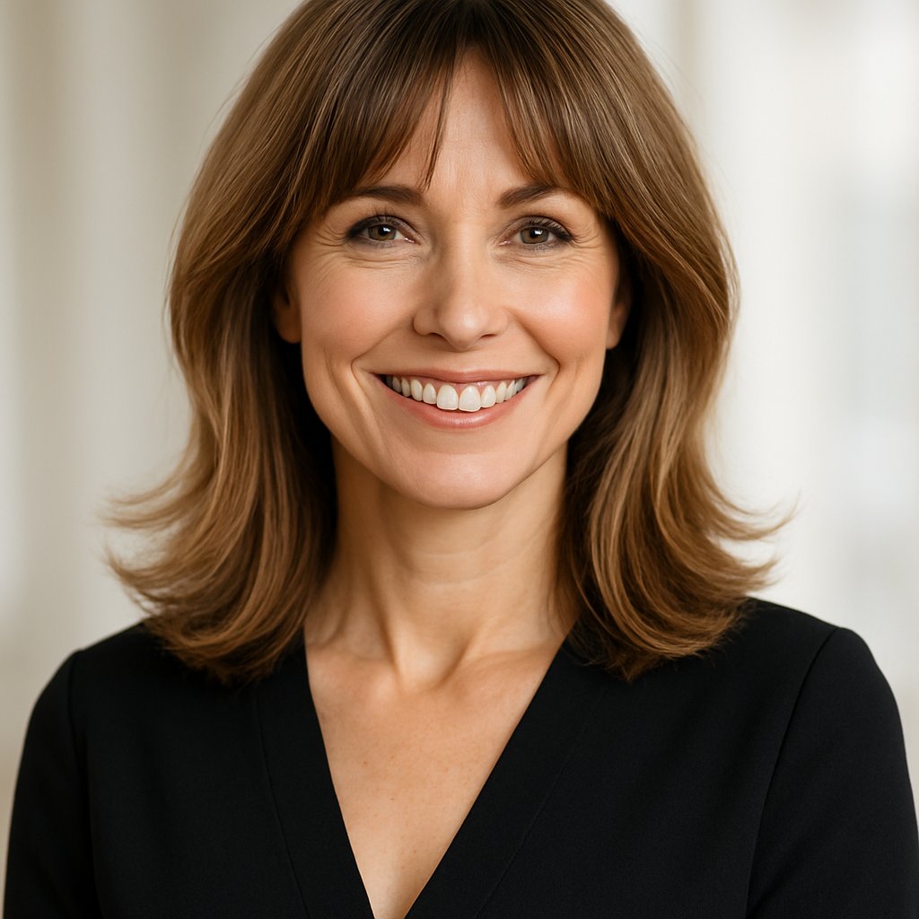 A smiling woman with mid-length hair and curtain bangs looking confidently at the camera.