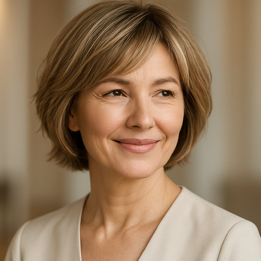 A smiling woman over 45 with a short layered bob haircut looking slightly to the side.