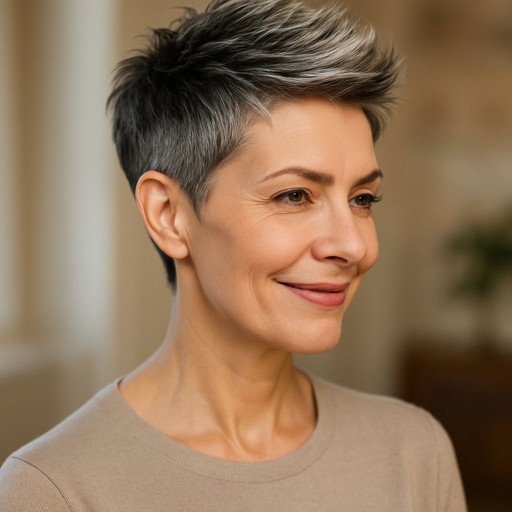 A woman over 45 with short hair smiling and looking slightly to the side in a softly lit setting.