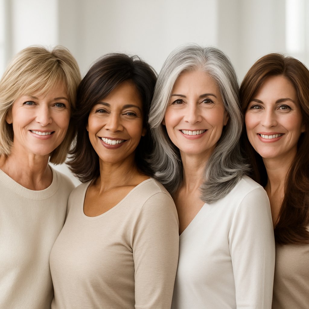 A group of women over 45 smiling together, each with layered hairstyles and different hair colors, standing in a bright studio.