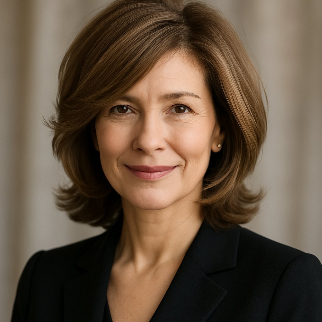 A mature woman with shoulder-length layered hair and a deep side part, smiling gently against a softly blurred neutral background.