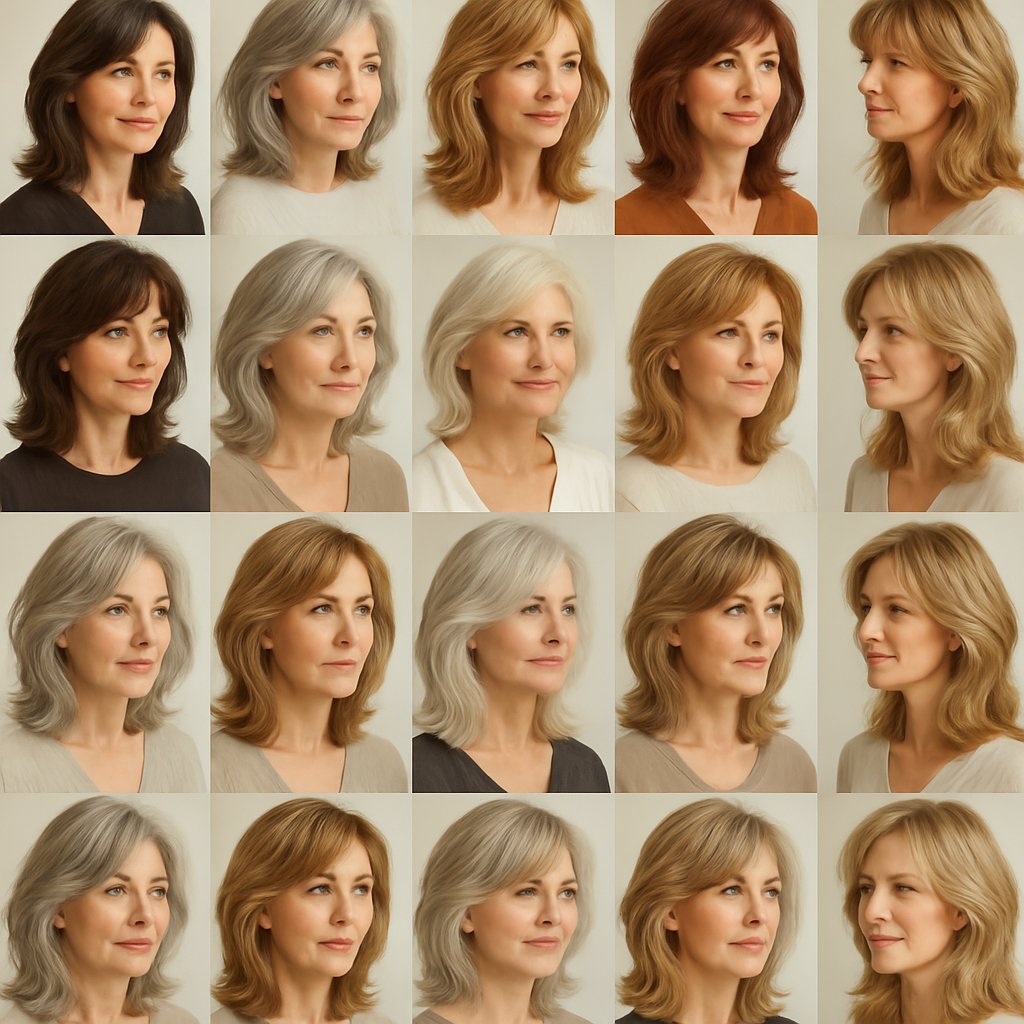 A group of women over 45 with various soft layered hairstyles posing together in a bright, neutral setting.