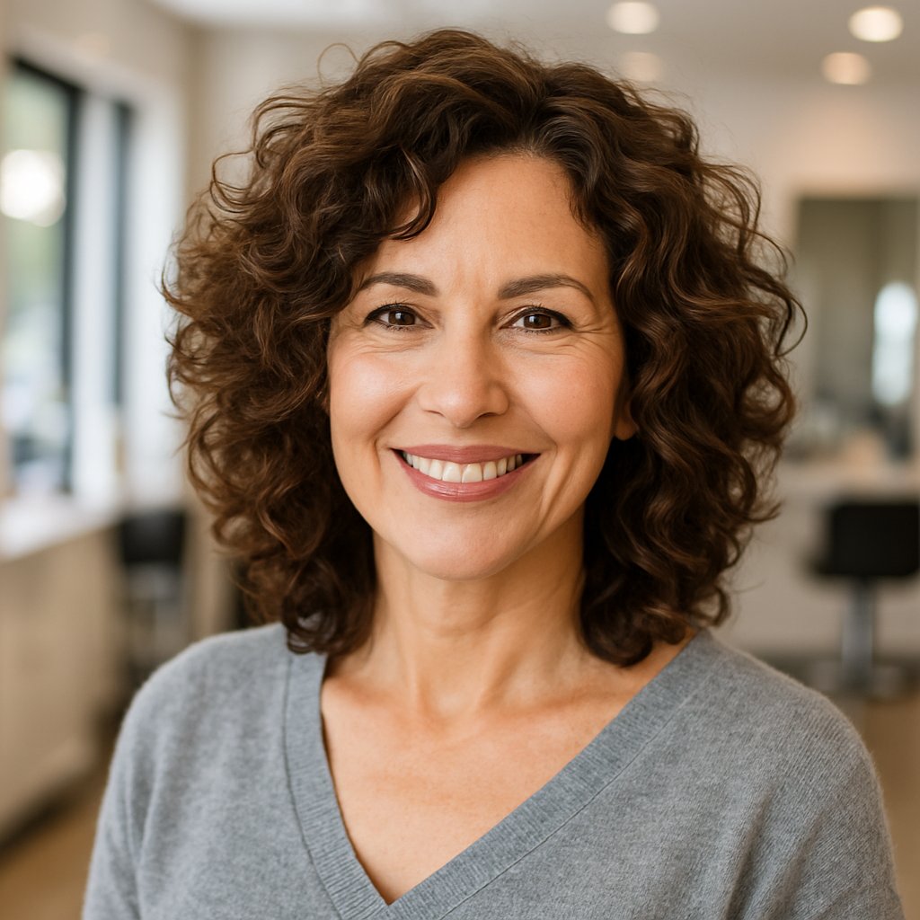 A smiling woman over 45 with layered curly hair in a bright salon.