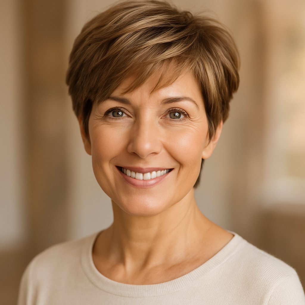A smiling woman over 45 with short layered hair, looking confident against a softly blurred background.