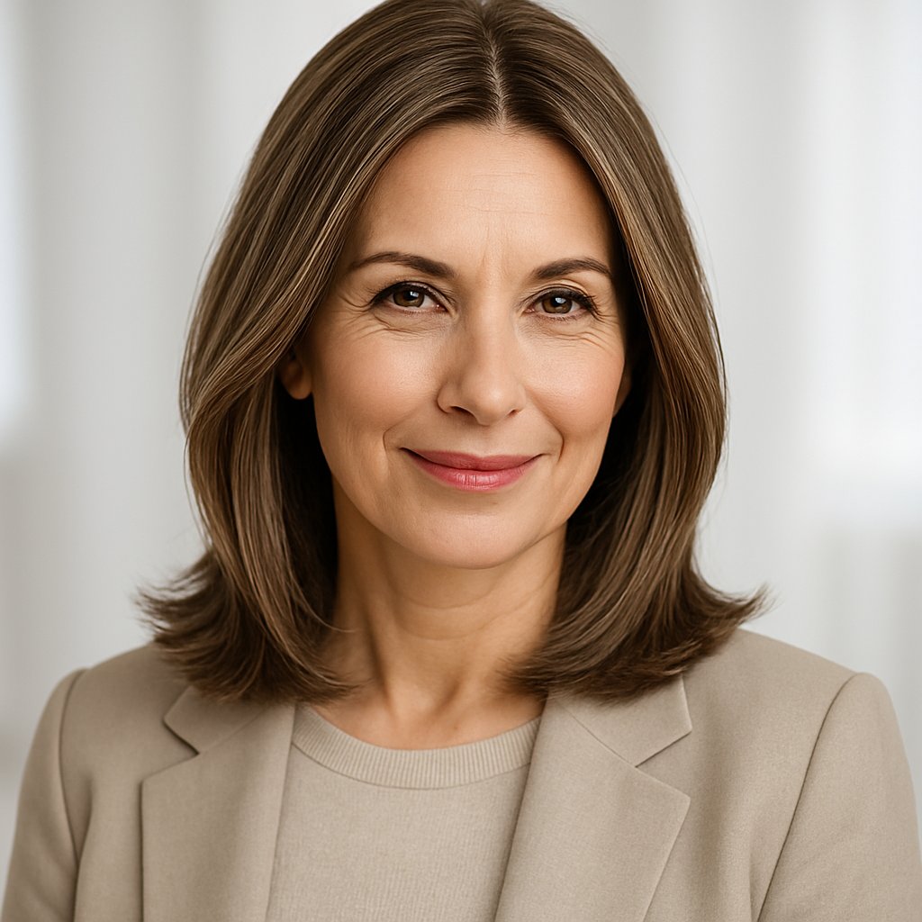 Portrait of a smiling middle-aged woman with medium-length layered hair and a center part, posing in a bright studio.