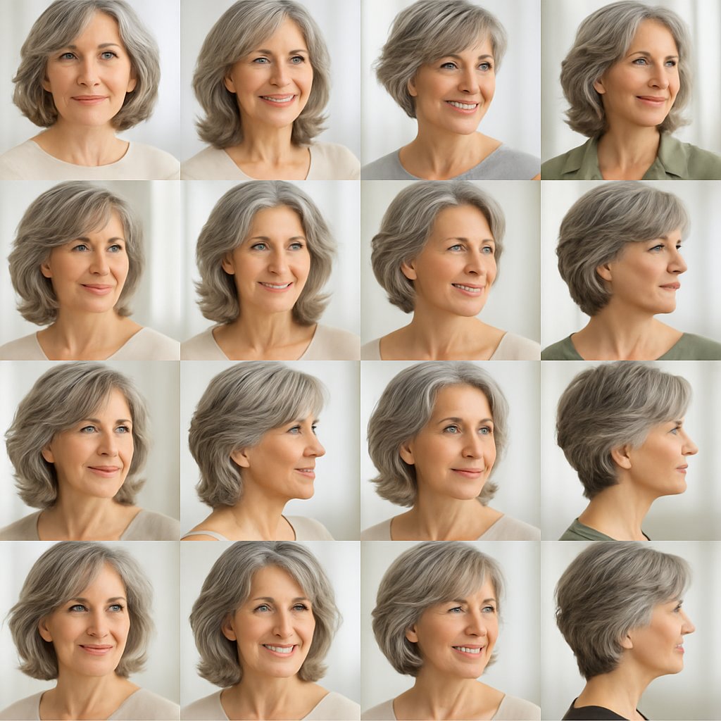 A group of women over 45 with natural gray layered hairstyles posing together in a bright, neutral setting.