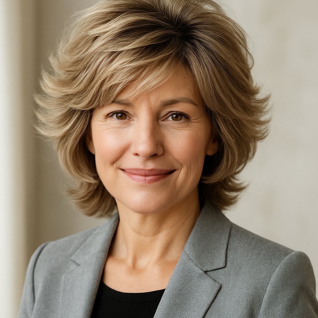 A smiling woman over 45 with voluminous layered hair posing against a neutral background.