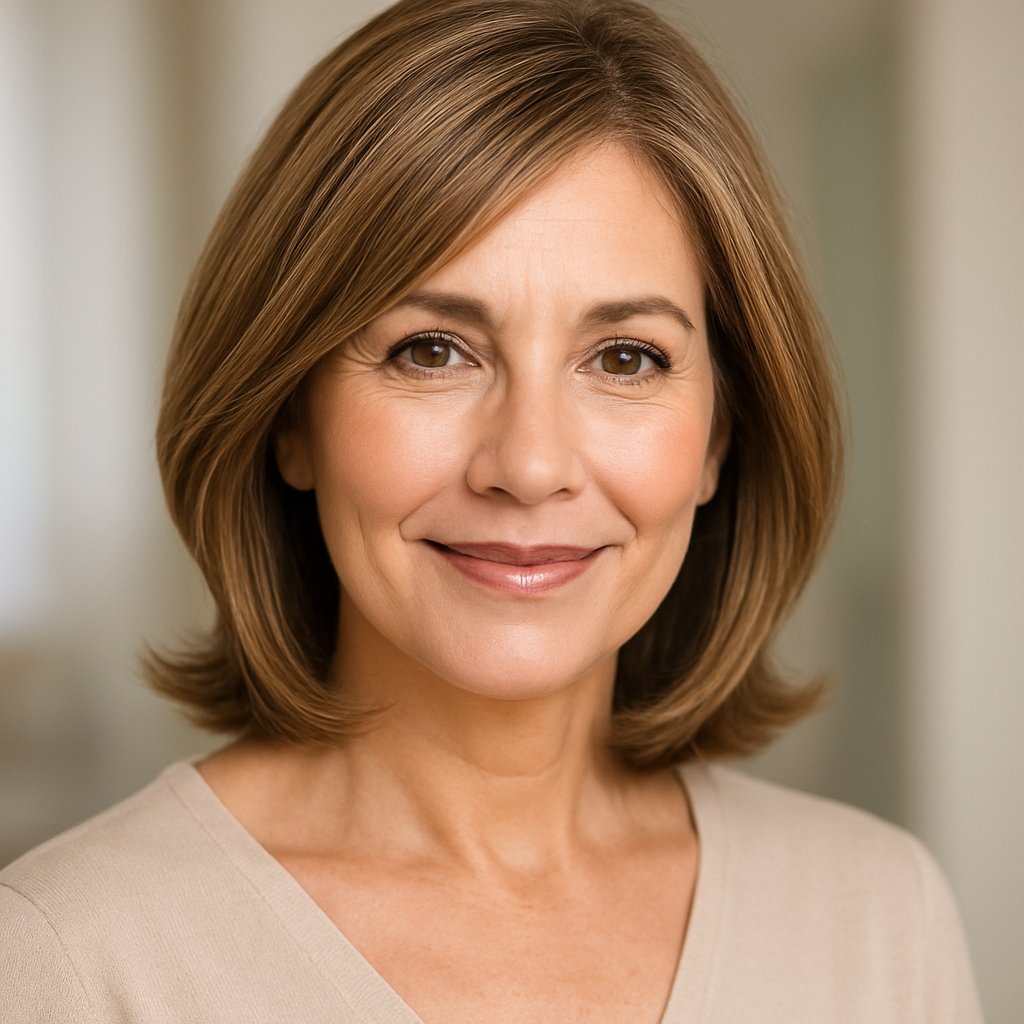 A smiling woman with shoulder-length layered hair flipped under, looking confidently at the camera against a softly blurred background.