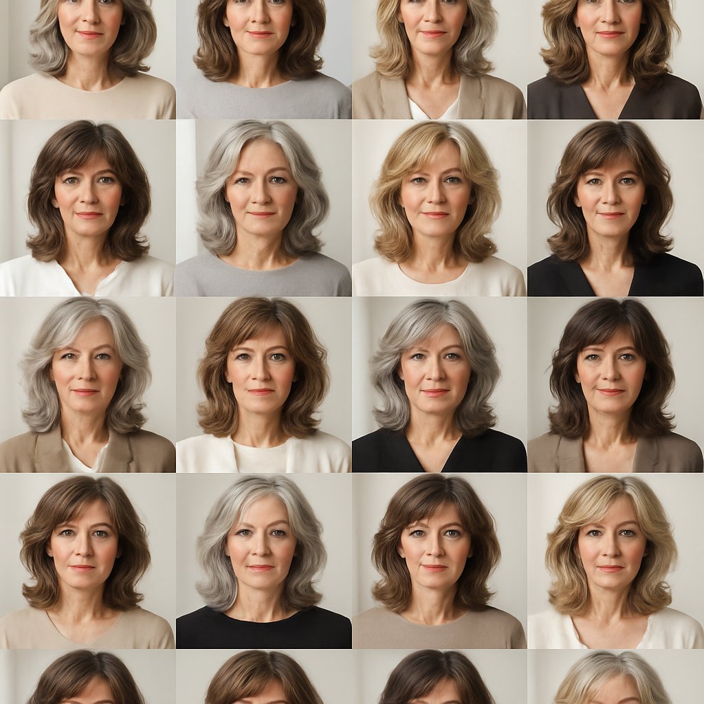A group of women over 45 with various layered hairstyles featuring natural highlights, smiling and posing in a bright studio.