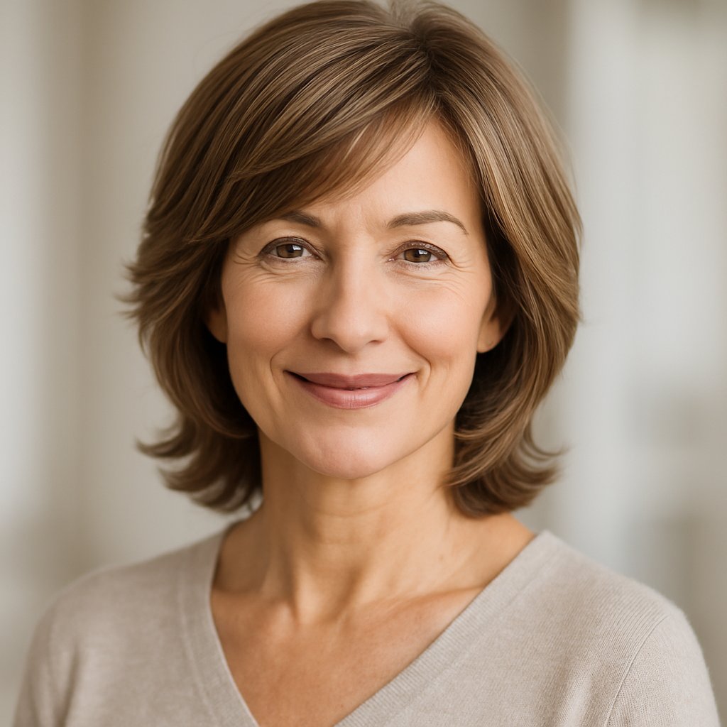 A mature woman with layered hair smiling gently against a softly blurred background.
