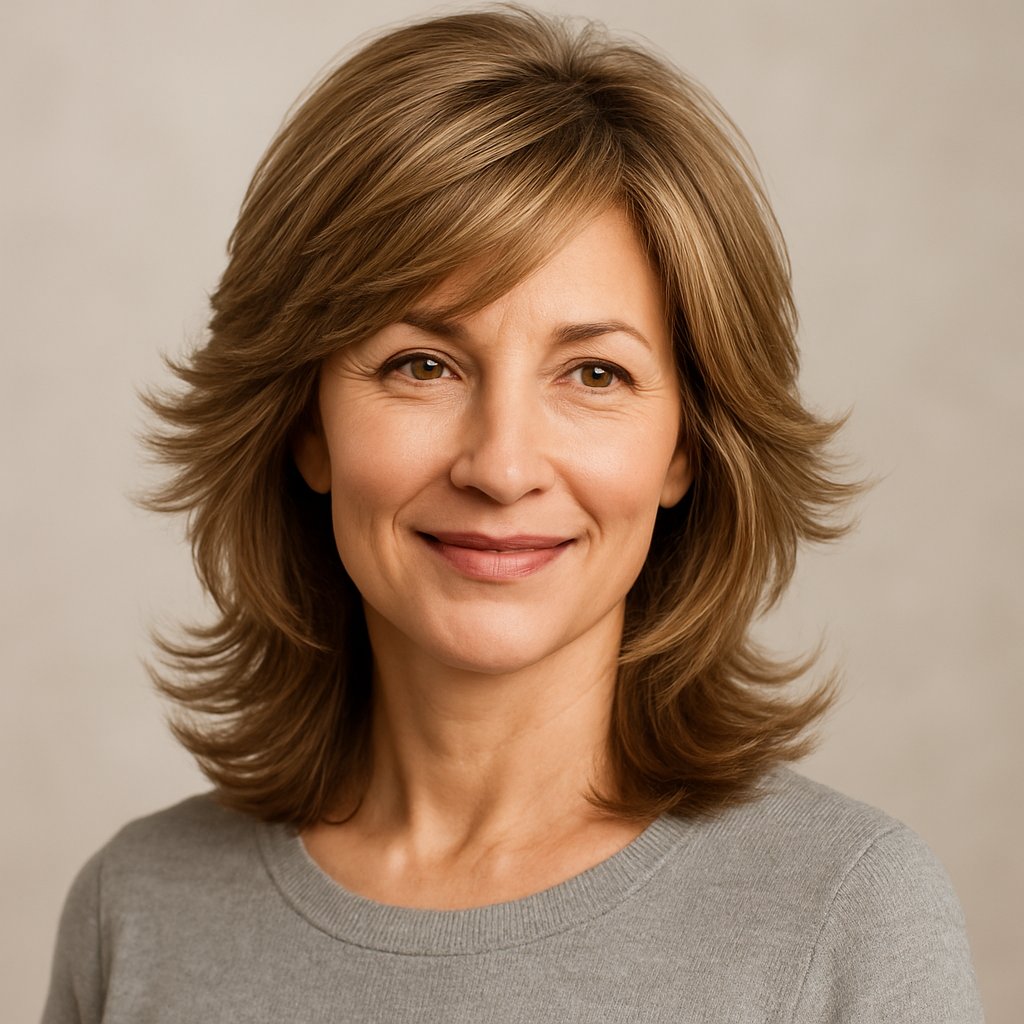 A mature woman with feathered layered hair smiling in a studio setting with a neutral background.
