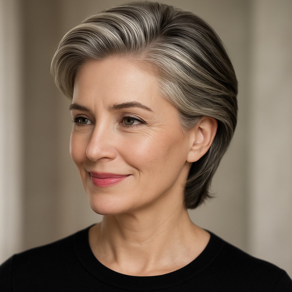A mature woman with a layered haircut and side-part looking slightly to the side and smiling gently.