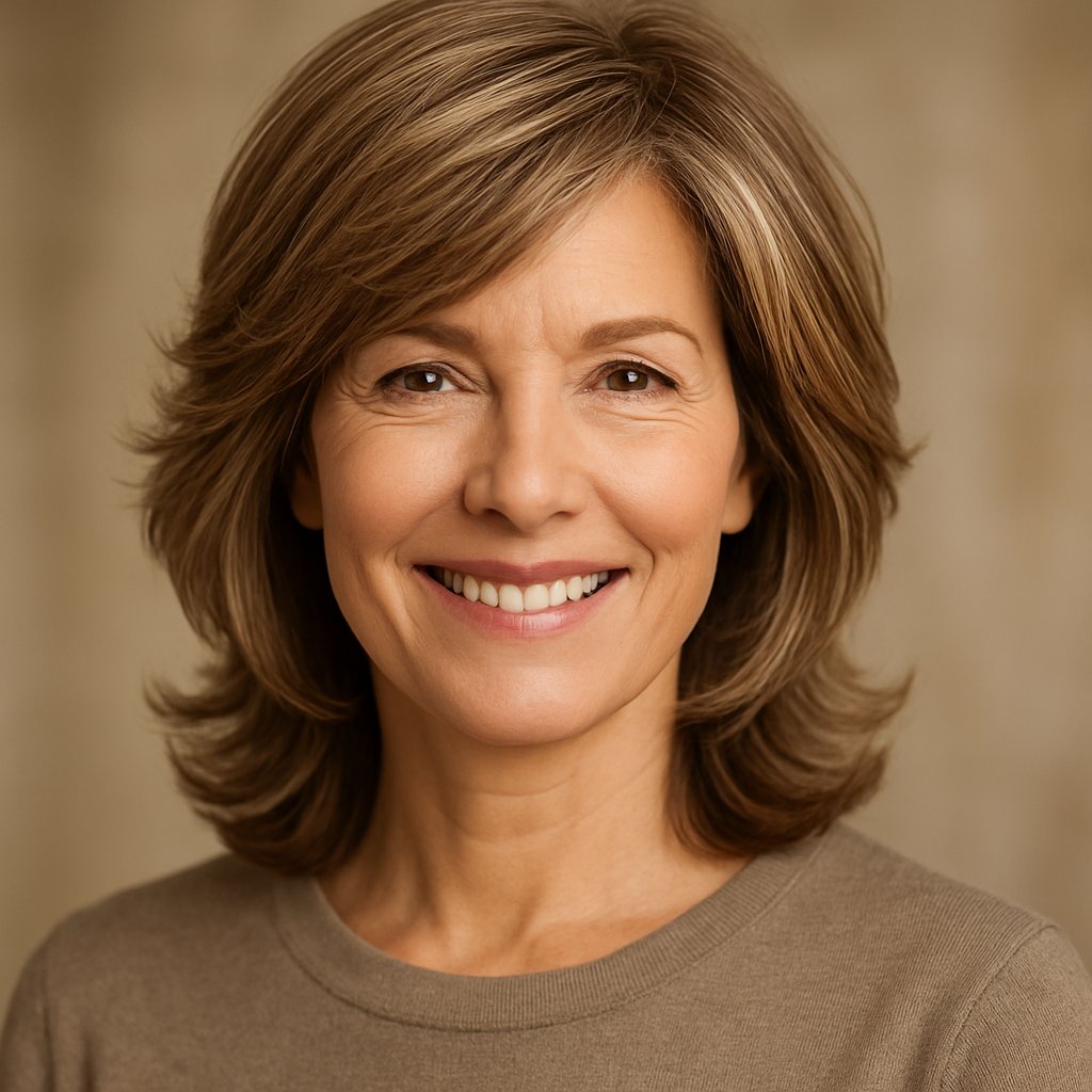 A smiling woman over 45 with layered hair softly framing her face and jawline, looking confidently at the camera against a blurred background.