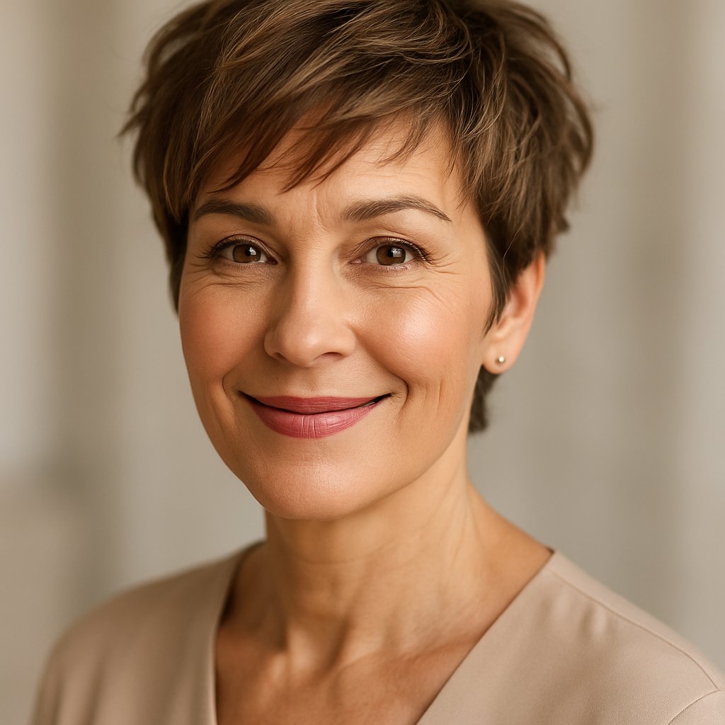 A smiling woman over 45 with short layered hair and a messy finish, looking confidently at the camera against a neutral blurred background.