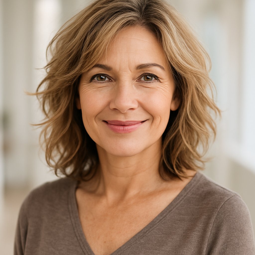 A mature woman with layered, wavy hair smiling gently in a softly lit indoor setting.