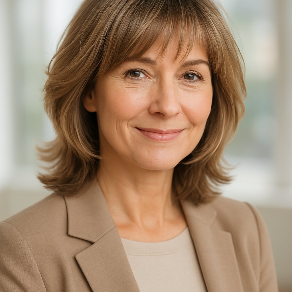 A smiling middle-aged woman with layered hair and bangs in a softly lit setting.