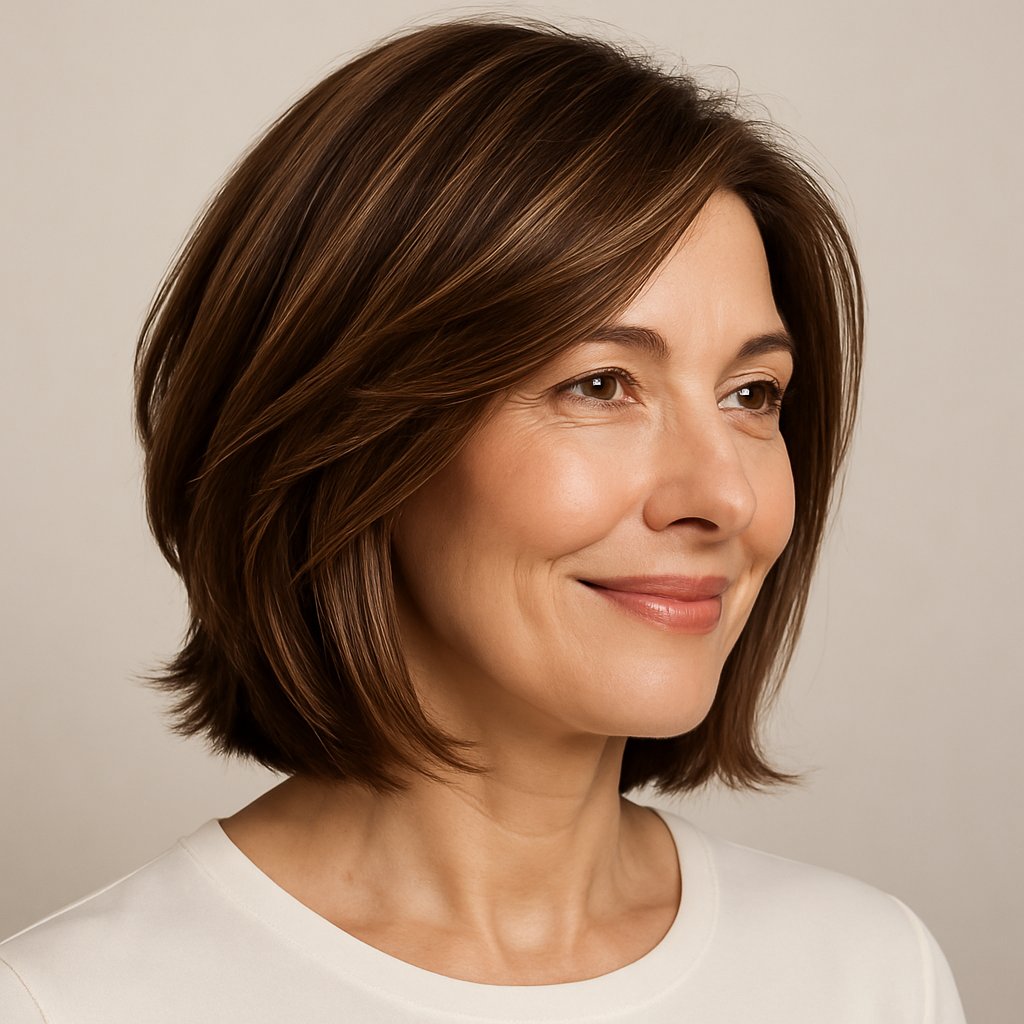 A smiling woman over 45 with a layered lob haircut with angular ends, looking slightly to the side against a neutral background.