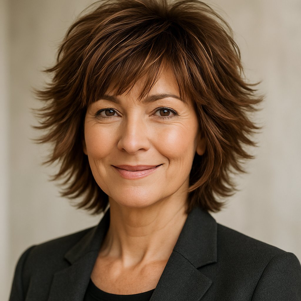 A smiling woman over 45 with medium-length layered hair standing against a neutral background.