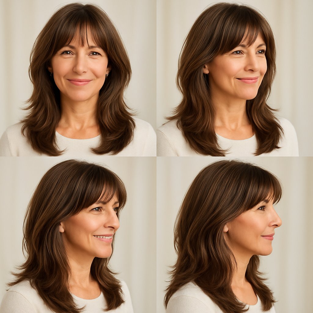 A smiling woman over 45 with long layered hair and curtain bangs in a bright studio setting.